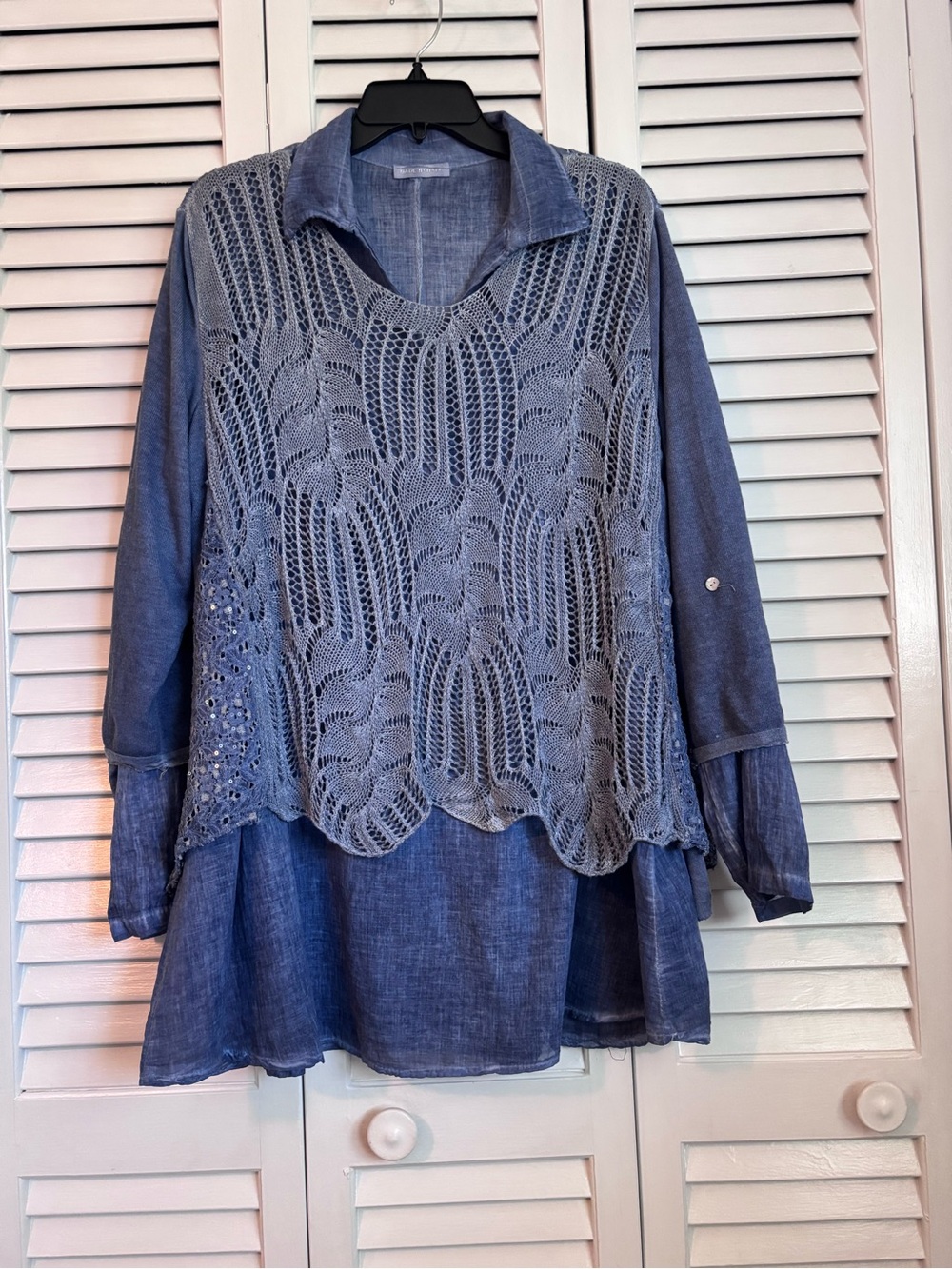 Rare 2 in 1 Made in Italy Women’s Blue Layered Crochet-Front Tunic Top Beaded XL